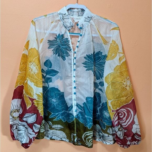 L'ATISTE Tops - L' Atiste By Amy floral sheer boho mandarin collar balloon sleeves button blouse